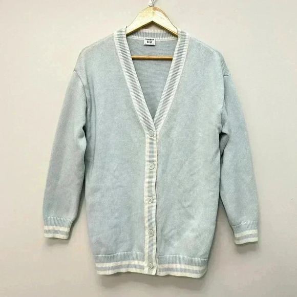 Sunday Best Lamora V-Neck Striped Button Front Cardigan Varsity Preppy Blue Sz S - Picture 2 of 16